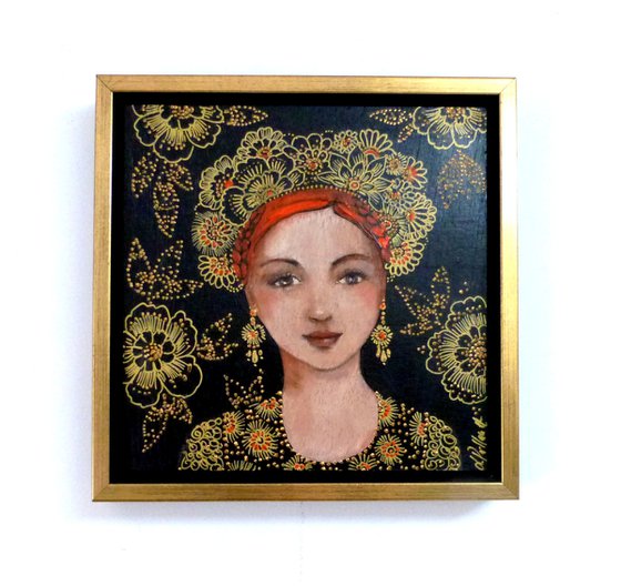 Slavic song. Female redhead icon on wooden panel 20 x 20 cm and frame.