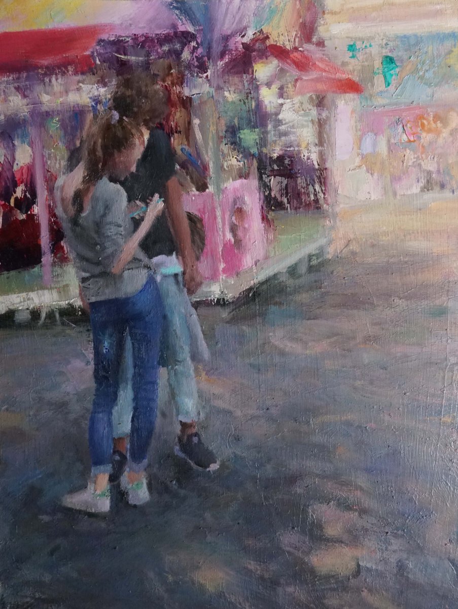 Urban And Pop Cityscapes Oil Painting By Manuel Leonardi, 12 X 16", Saturday Merry Go Round, Original Artwork