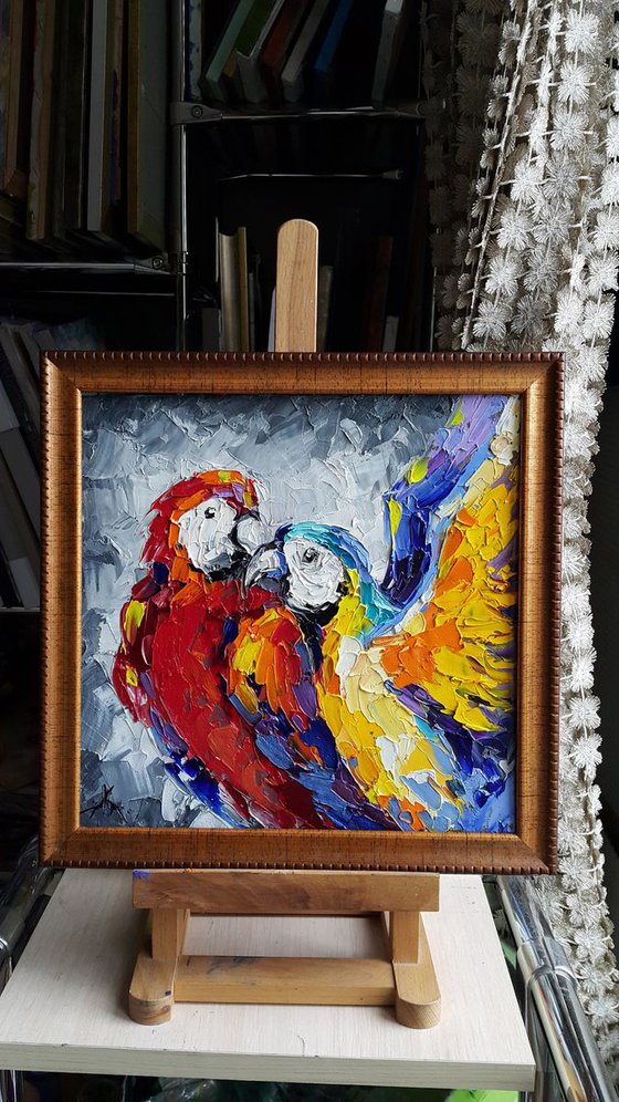 When i with you - bird, parrots, gift, love, birds love, parrots art, animals, oil painting