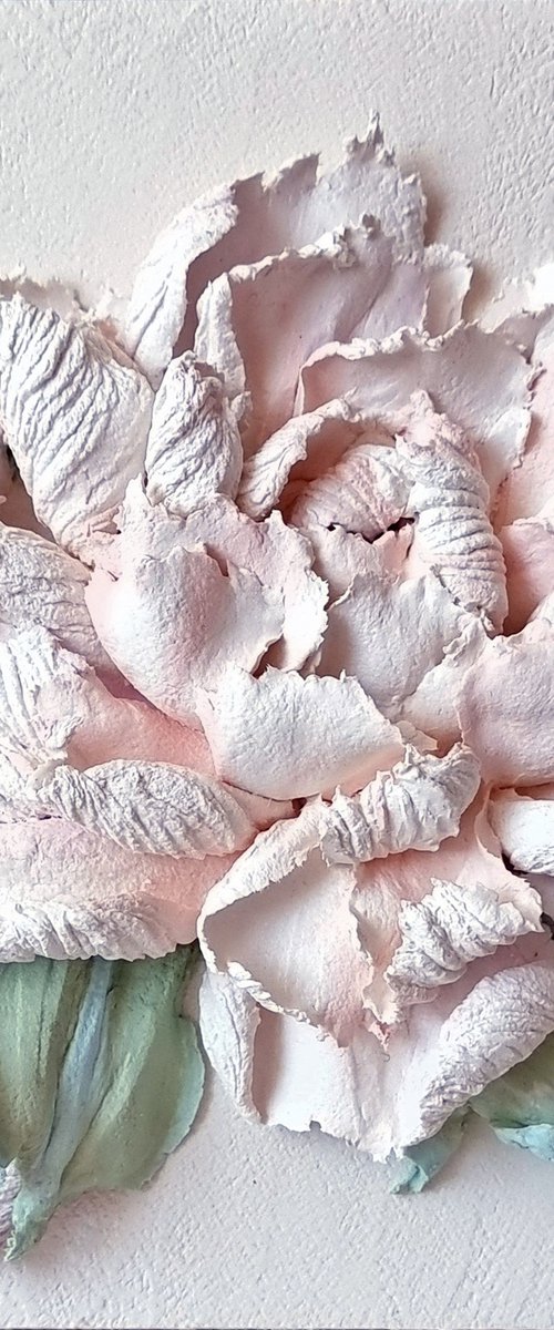 Peony flower panel. Small ceramic sculpture 3d flower with white petals. Tender peony botanical bas- relief. White Peony 2 - 3d painting by Irina Stepanova