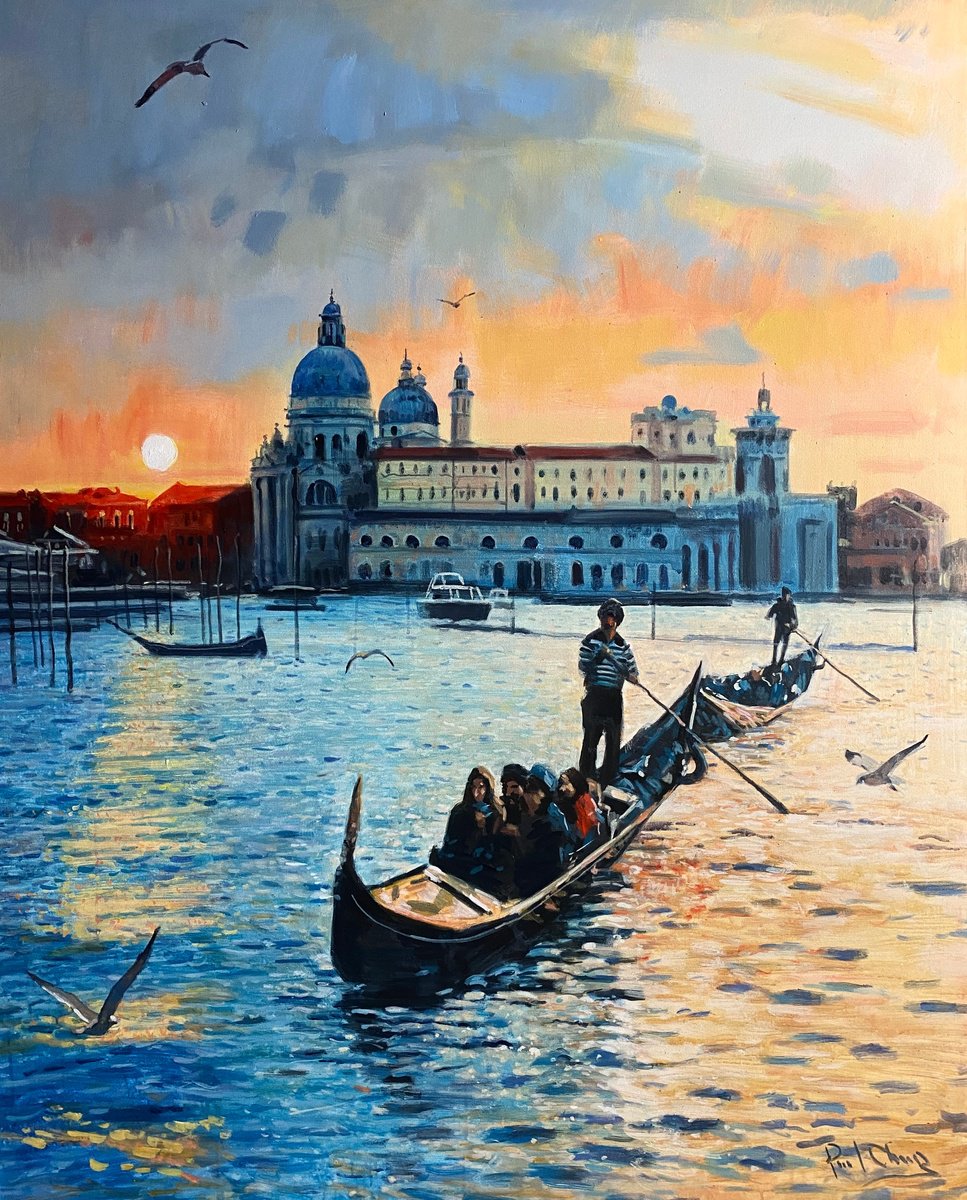 Impressionistic Landscape Acrylic Painting By Paul Cheng, 48 X 60", Venetian Twilight, Original Artwork
