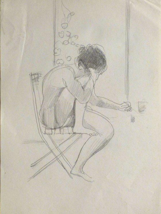 Woman writing by the window, pencil drawing, 21x29 cm