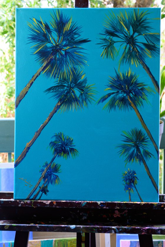 Palm Trees on the road, on Turquoise Background