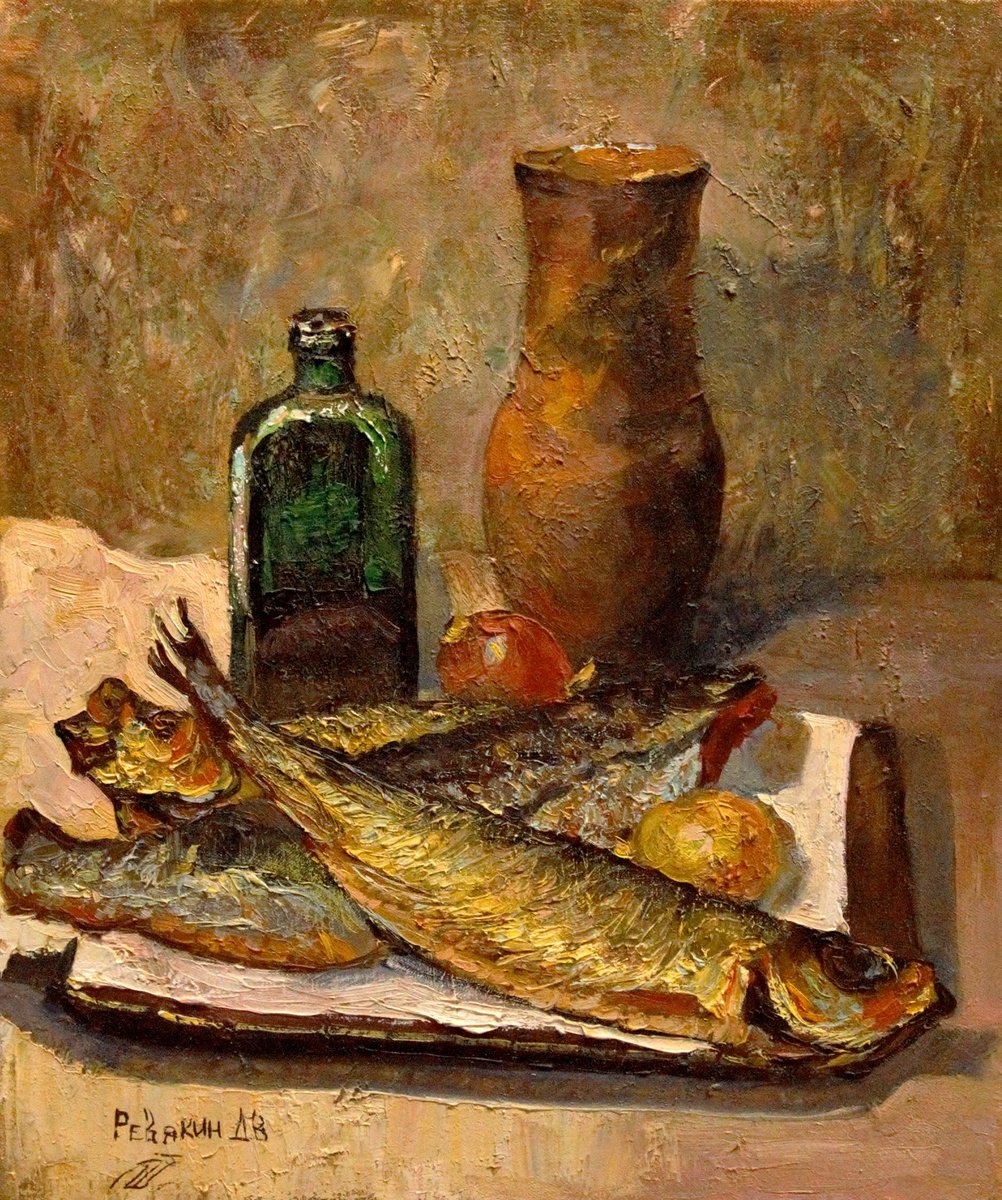 Still life with fish. Original impressionism realism oil painting by Dmitry Revyakin