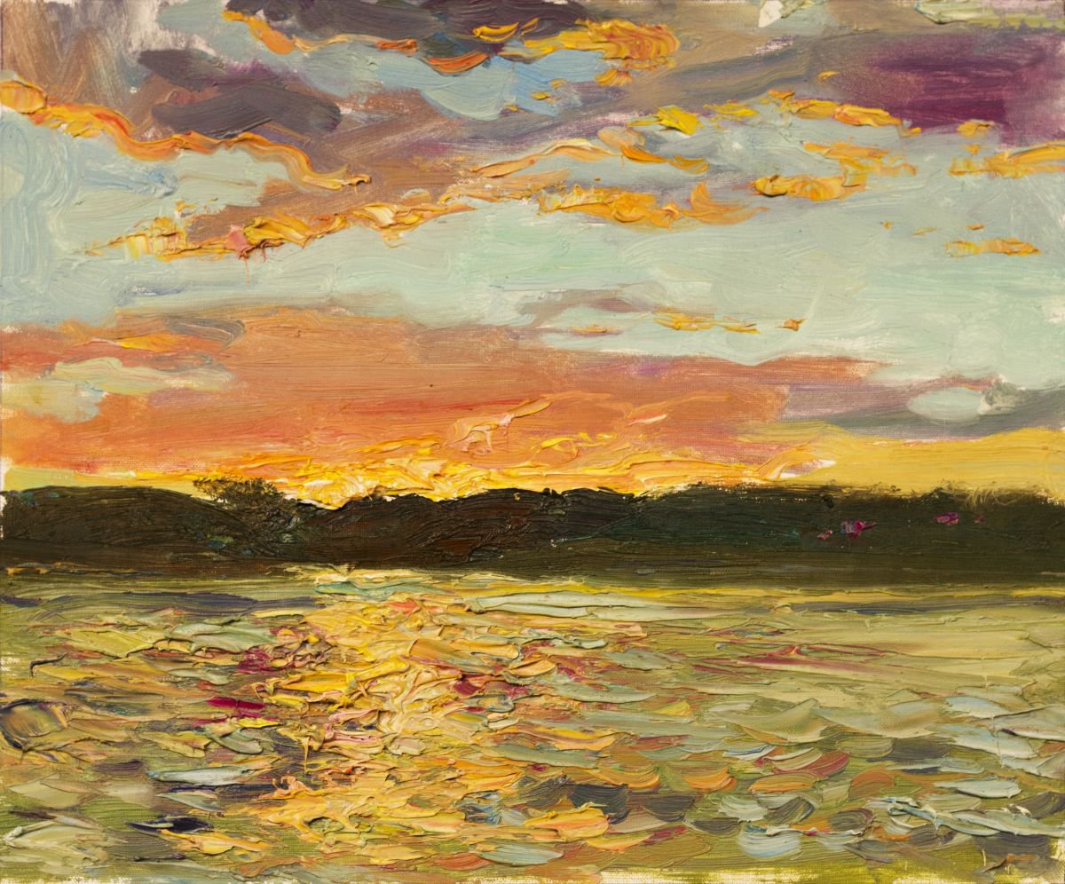 Impressionistic Landscape Oil Painting By Sergey Kostov, 12 X 10", Sunset, Original Artwork