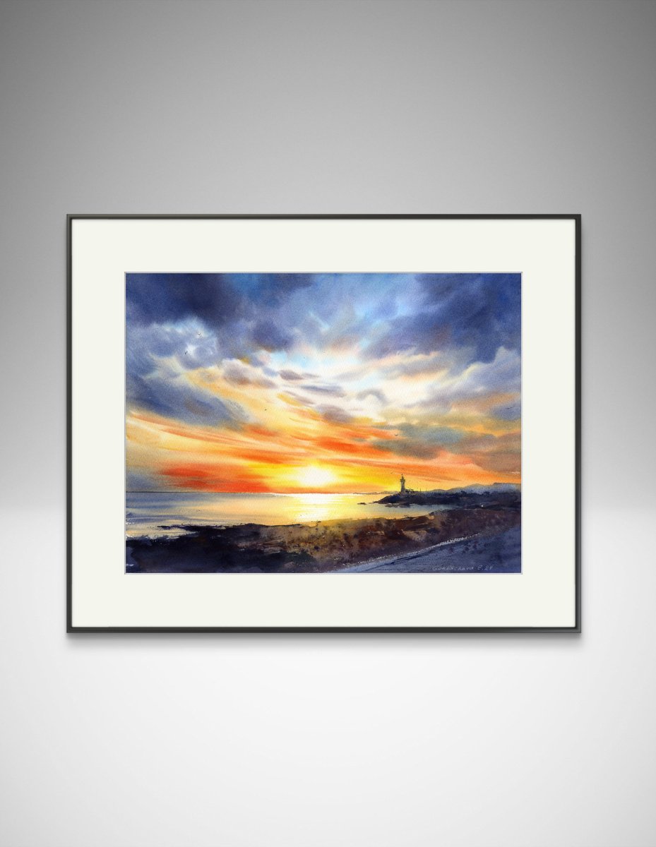 Impressionistic Landscape Watercolour By Eugenia Gorbacheva, 16 X 12, Lighthouse At Sunset #4, Original Artwork