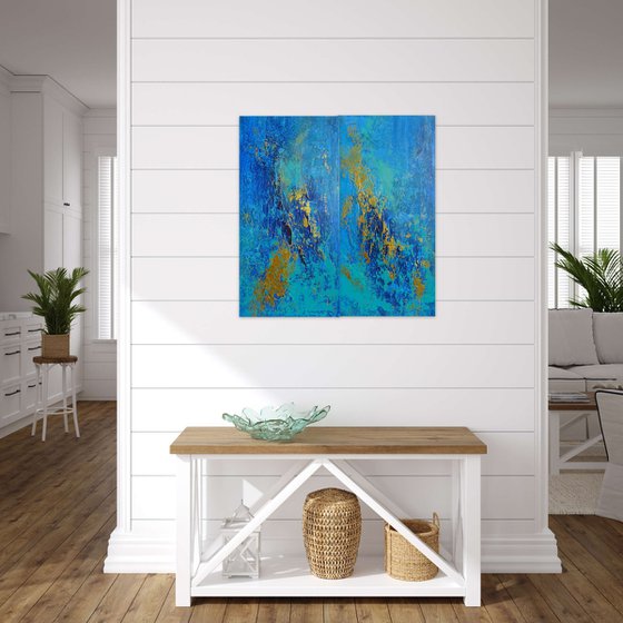Large Blue and Gold Abstract Textured Painting. Modern Art on Canvas with Structures. Dyptych