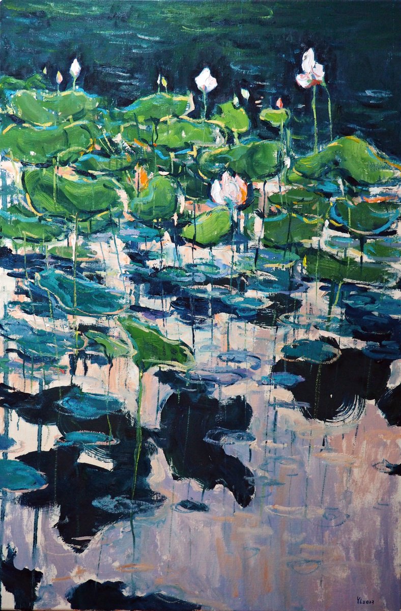Impressionistic Landscape Oil Painting By Yuanyuan Liu, 24 X 35", Water Lilies, Original Artwork