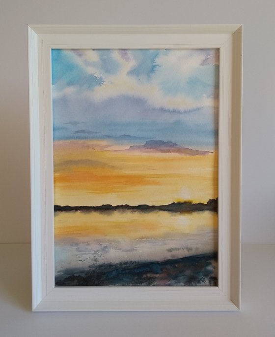 Sunset Painting, Seascape Painting, Cloudscape, A4, Original Watercolour Painting, Portrait format