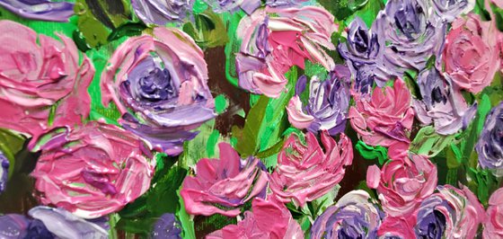 FIELD OF Happyness PURPLE PINK WHITE  ROSES  palette knife modern decor MEADOW OF FlOWERS, LANDSCAPE,  office home decor gift