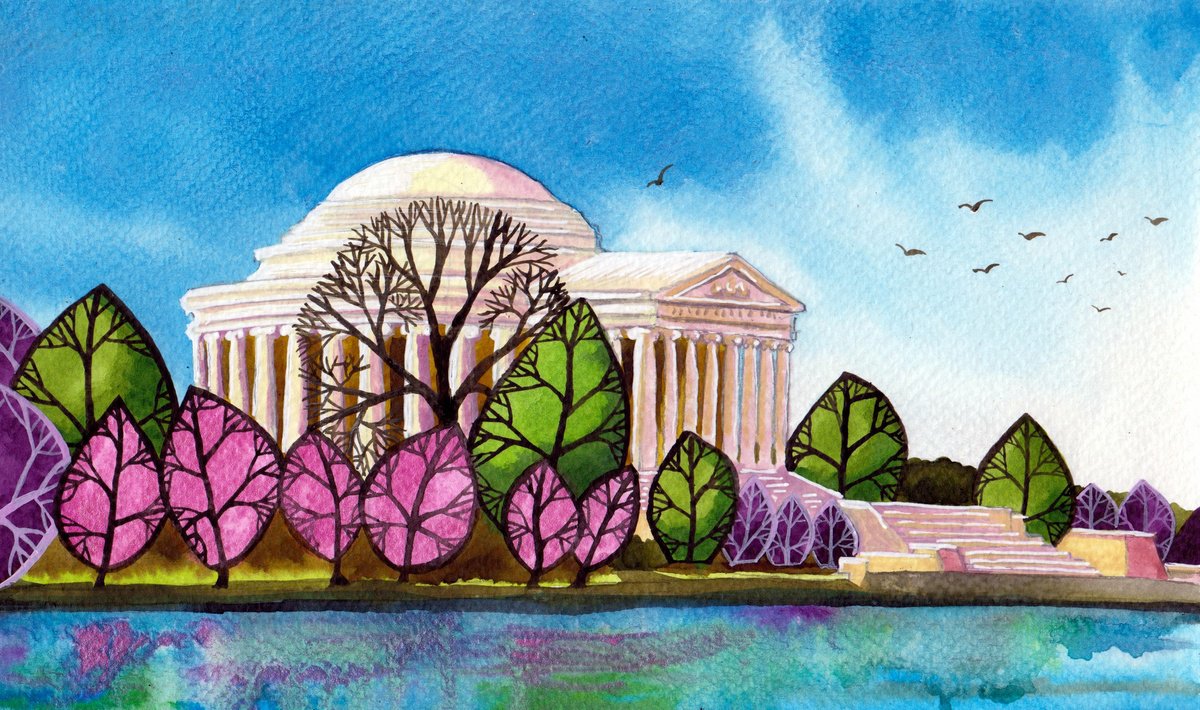 Illustrative Cityscapes Painting By Terri Smith, 9 X 6", Cherry Blossoms In Dc, Original Artwork