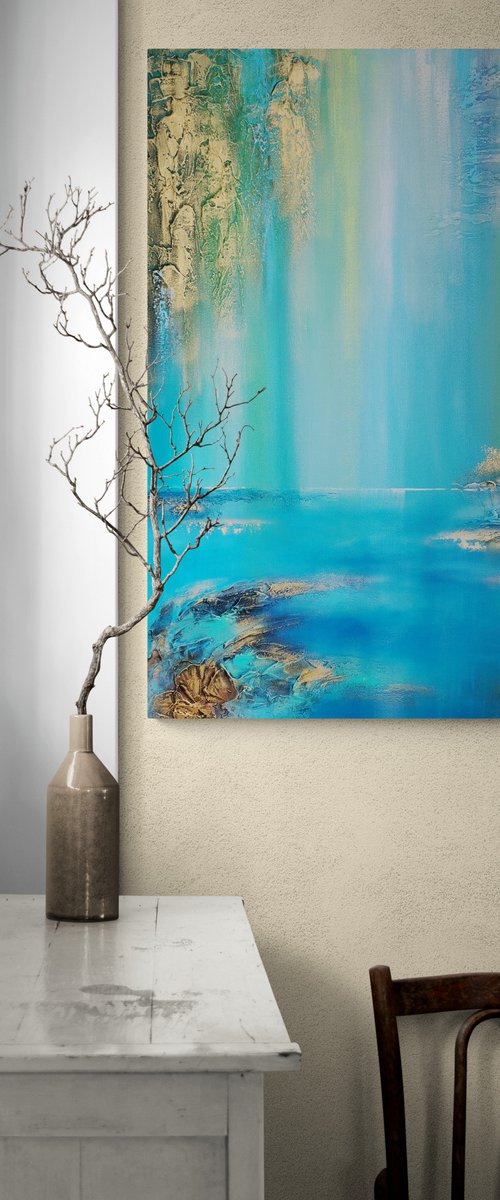A XL large semi-abstract beautiful structured mixed media painting of a lake "Under the willow" by Vera Hoi