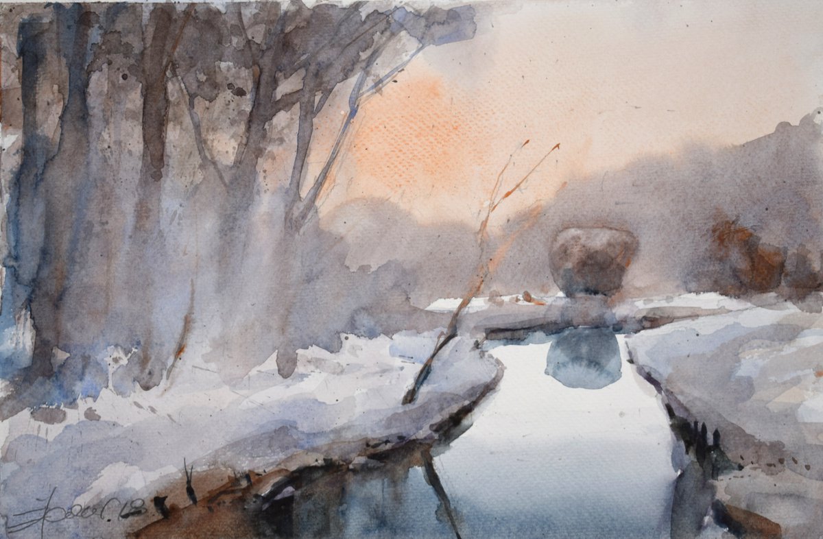 Foggy winter sunset by Goran igoli? Watercolors
