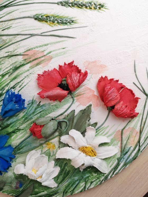 Summer meadow, daisies, poppies, cornflowers - 3d landscape on an oval panel, 26x32x3 cm