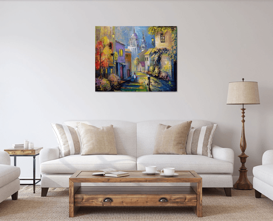 " Morning in Italy " - 100 x 80cm Original Oil Painting Large XL Landscape old Cityscape