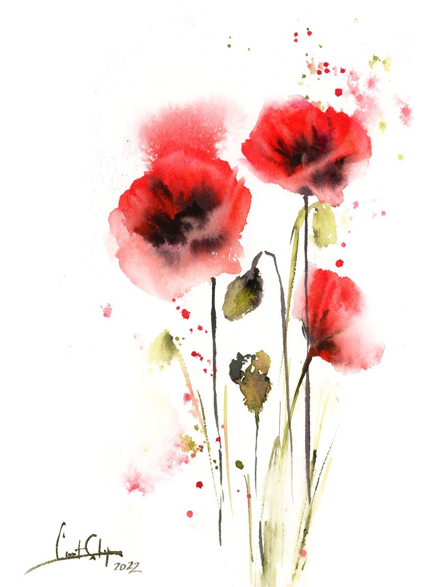 Poppy Florals Watercolor Painting by Sophie Rodionov