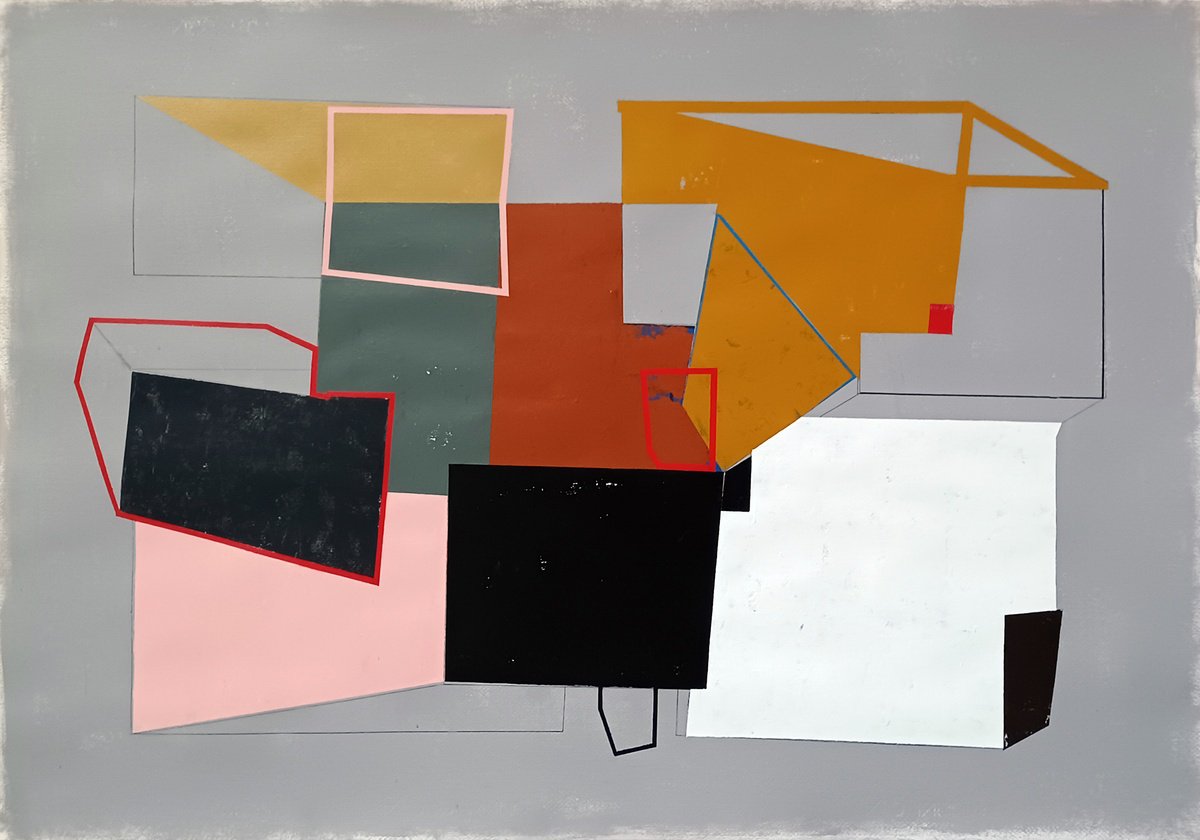 Geometric Abstract Acrylic Painting By Luis Medina, 39 X 28", Autumn Shapes, Original Artwork