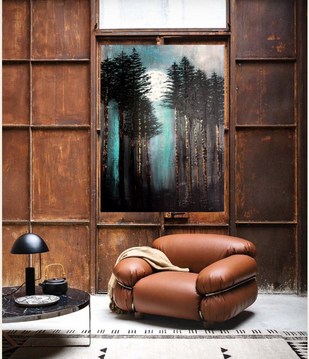 Impressionistic Landscape Acrylic Painting By Henrieta Angel, 30 X 40, Moonlight Deception Abstract Pine Forest Painting, Artfinder