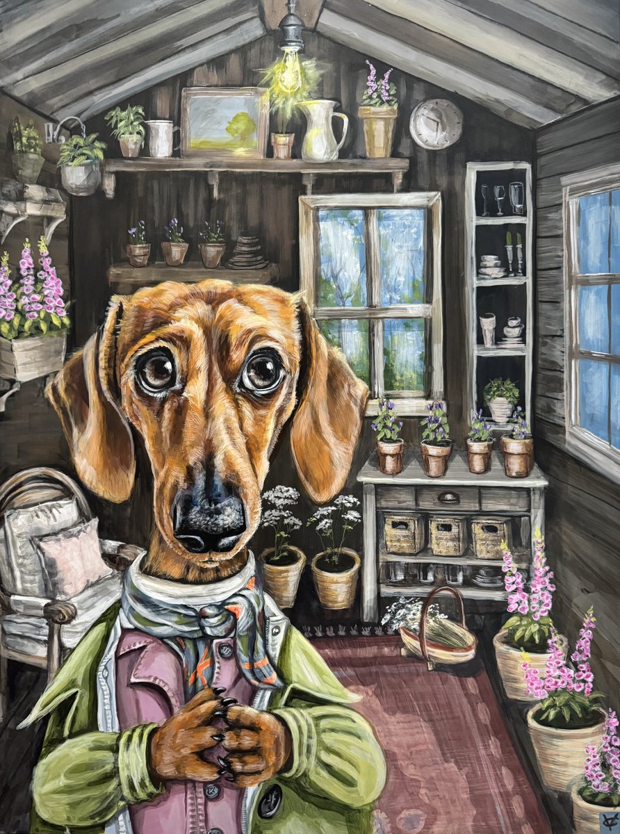 Surrealistic Animal Acrylic Painting By Victoria Coleman, 7 X 9", The Potting Shed Poisoner, Original Artwork
