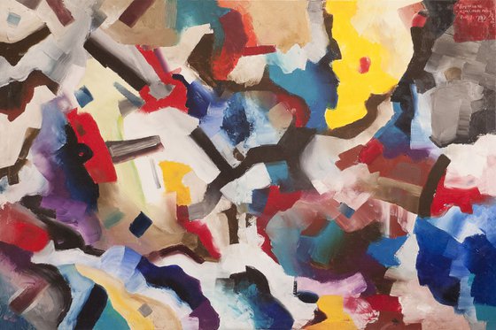 Signature on red square -Large Abstract Painting