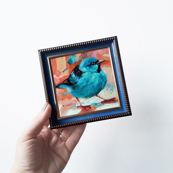 Turquoise bird painting original, Birds art oil painting framed, Tiny painting of birds, Birding art in frame