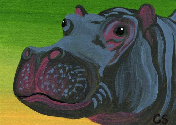 ACEO ATC Original Miniature Painting Hippopotamus Hippo Wildlife Art-Carla Smale