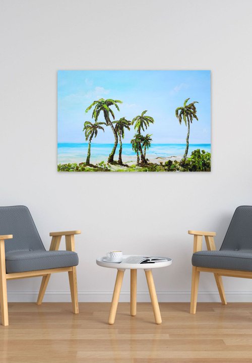 Large Abstract Seascape Painting. Palm trees. Beach, ocean, waves, sky with clouds, sailboats, sailing, yacht. by Sveta Osborne