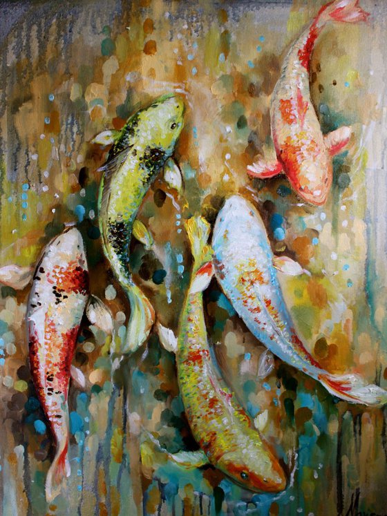 Koi fish painting, koi art, koi painting "Golden Water"