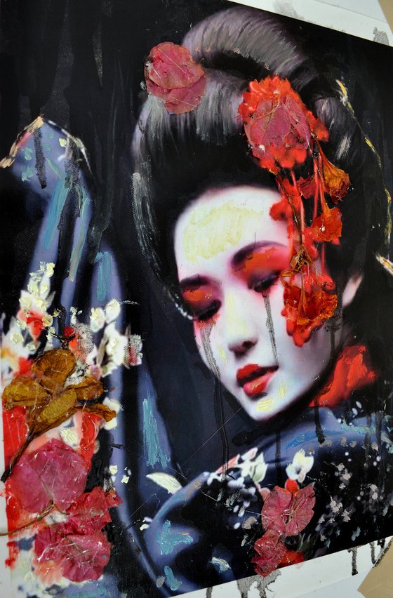Crying Geisha with Dried Flowers