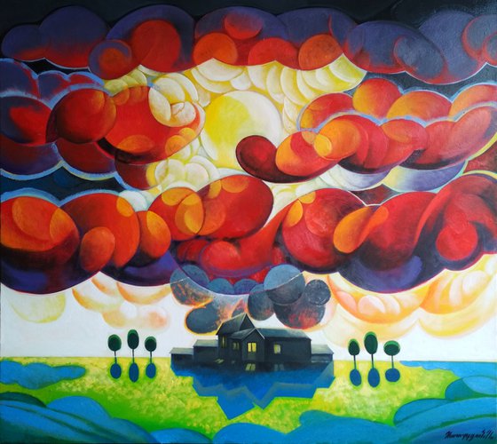 Sunset (80x90cm, cubism, oil painting, ready to hang)