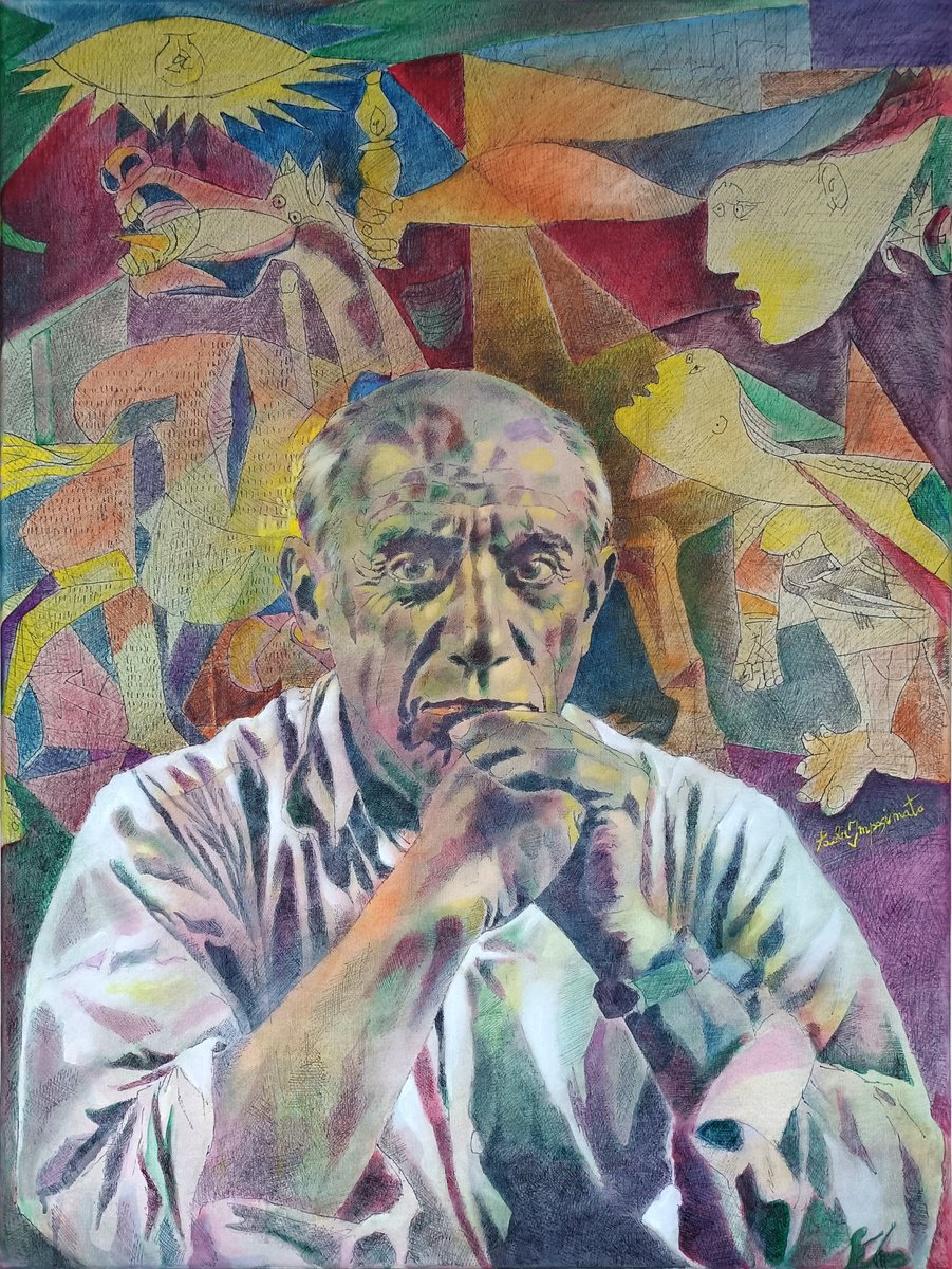 Expressive Portrait Acrylic Painting By Paola Imposimato, 24 X 31", Pablo And Guernica, Original Artwork