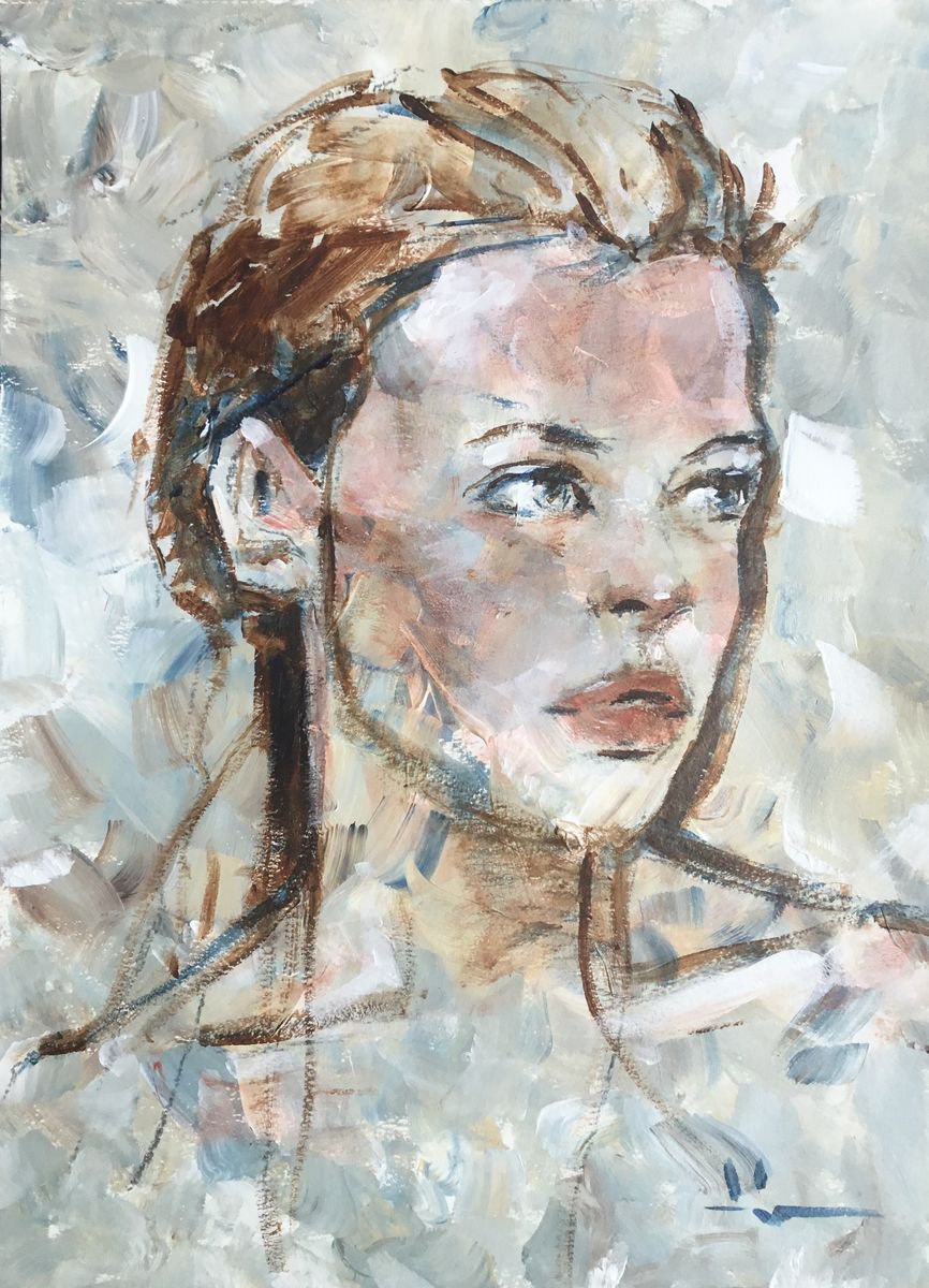 Expressive Portrait Acrylic Painting By Dominique Deve, 12 X 16, Young Girl, Original Artwork