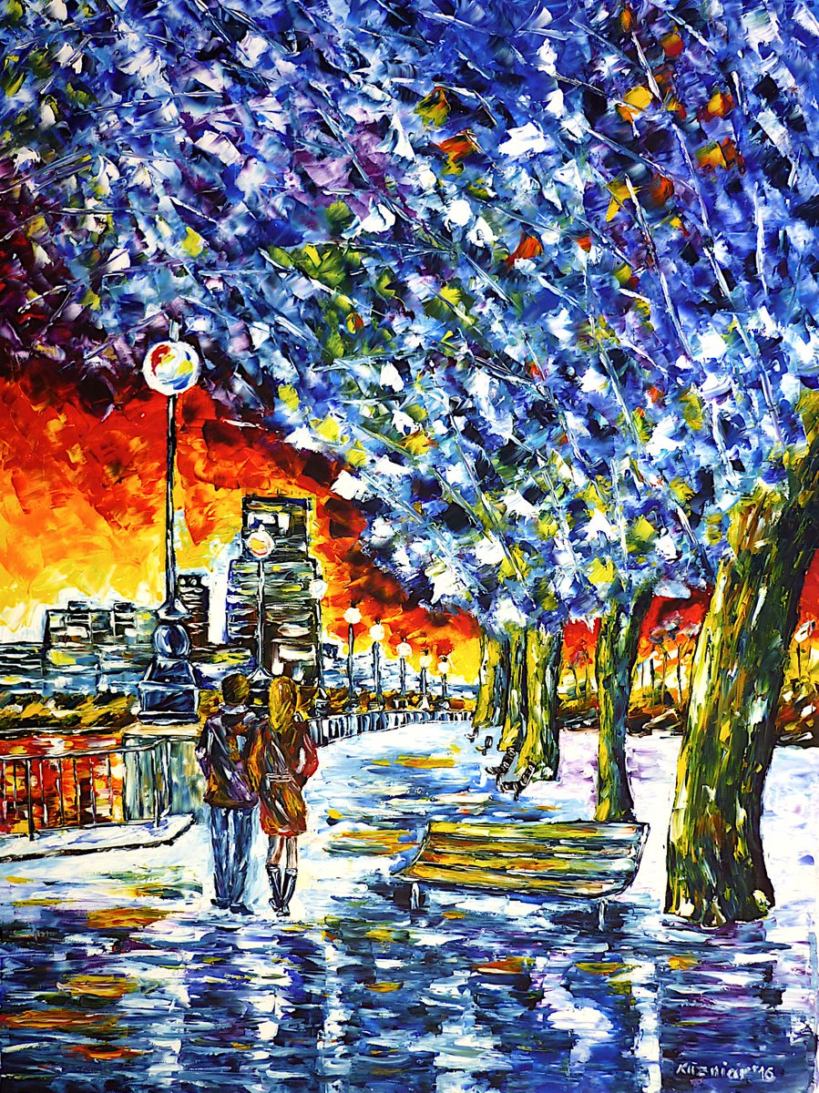 Expressive Cityscapes Oil Painting By Mirek Kuzniar, 24 X 31", South Bank In Winter, London, Original Artwork