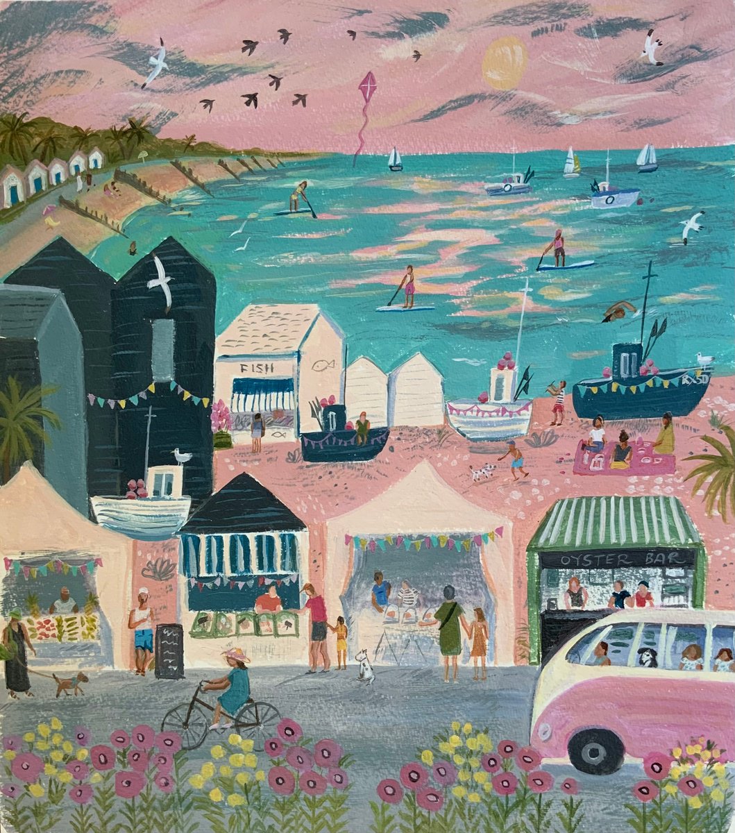 Impressionistic Landscape Acrylic Painting By Mary Stubberfield, 11 X 13", Beach Festival, Original Artwork