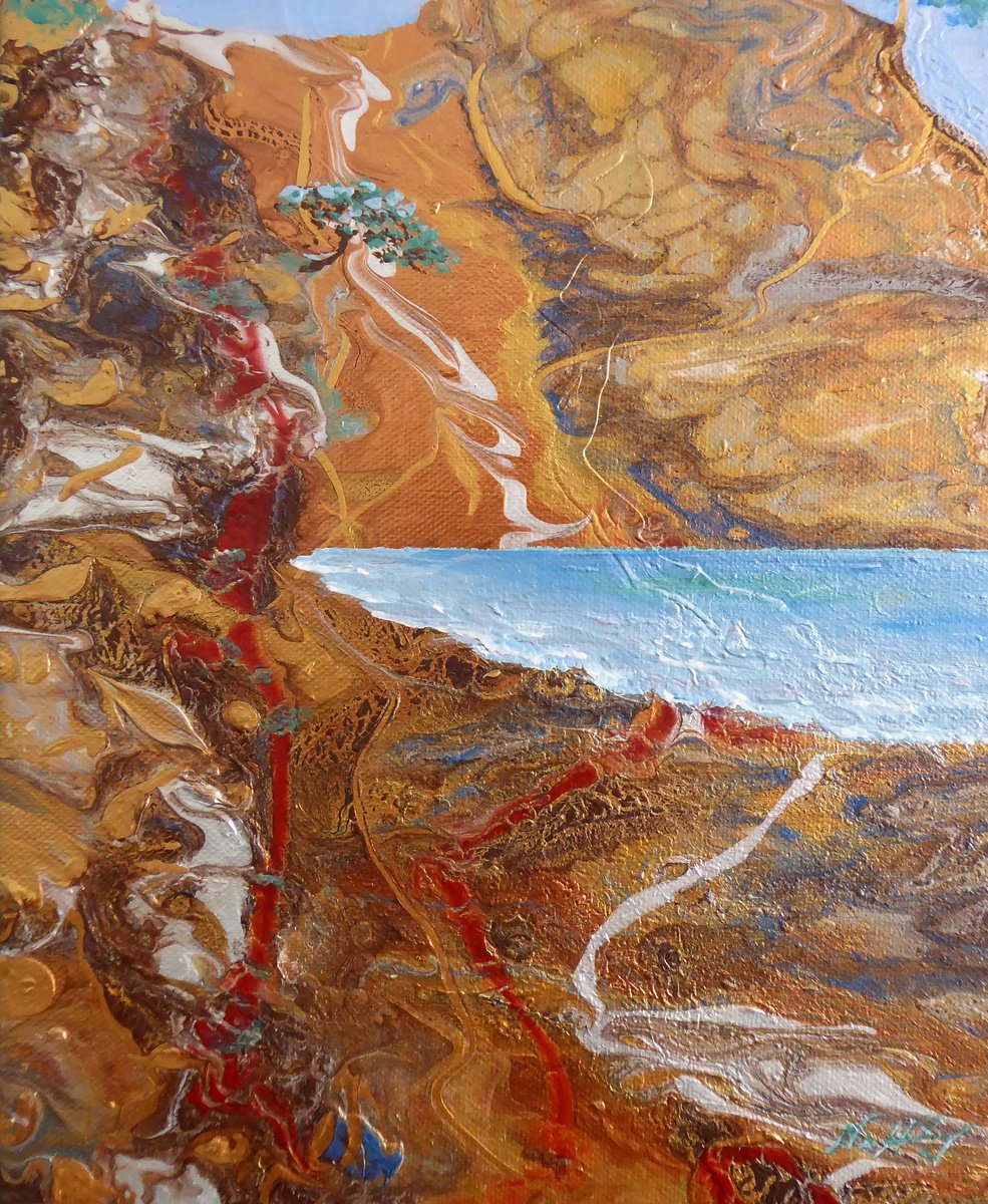 Abstract Landscape Acrylic Painting By Narek Hambardzumyan, 9 X 11", Small Bonsai In Fantasy Landscape, Original Artwork