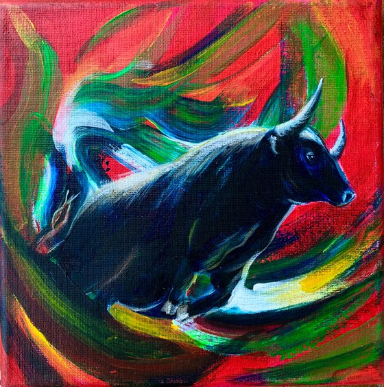A bull on a crimson background