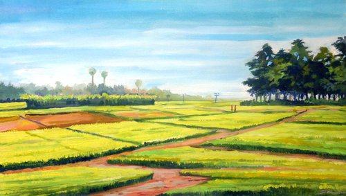 Rural Corn Field - Acrylic on Canvas Painting by Samiran Sarkar