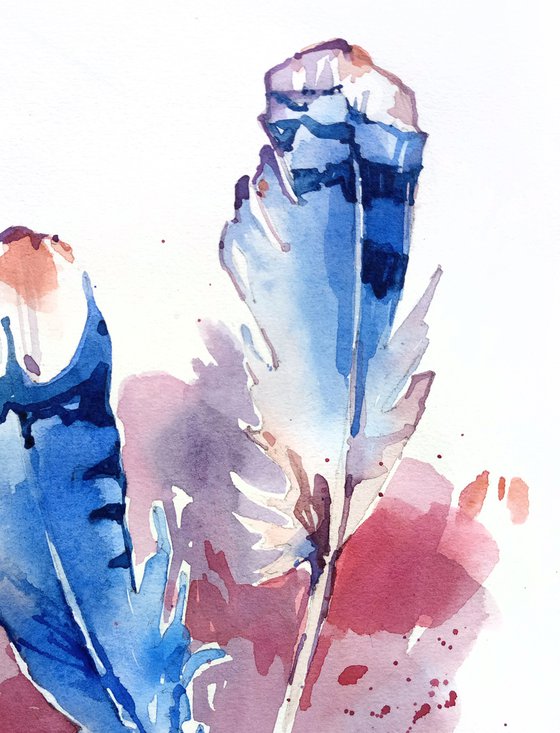 Watercolor sketch "Two blue bird feathers" original illustration