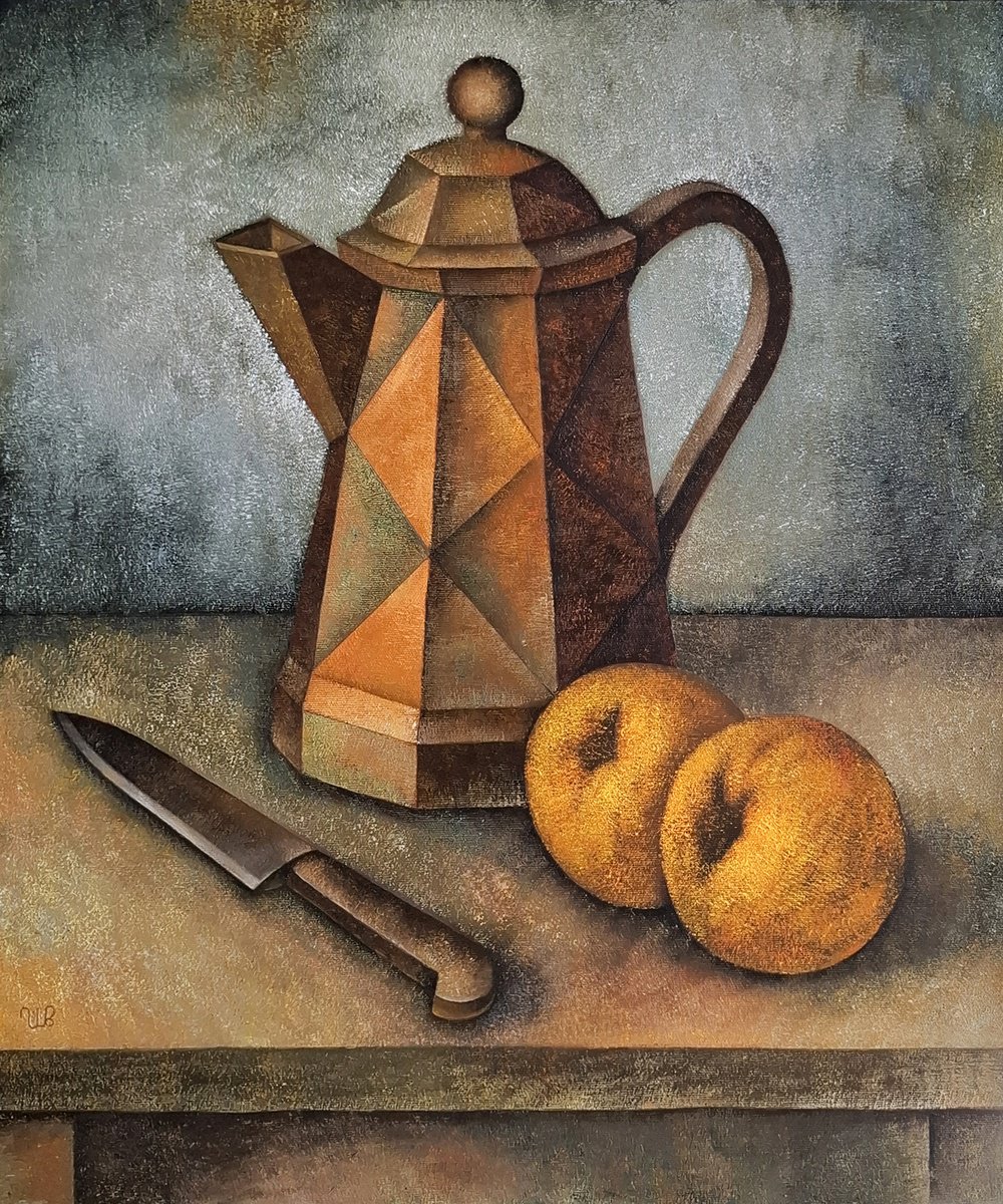 Geometric Still Life Oil Painting By Eugene Ivanov, 20 X 24, Still Life With Apples, Original Artwork