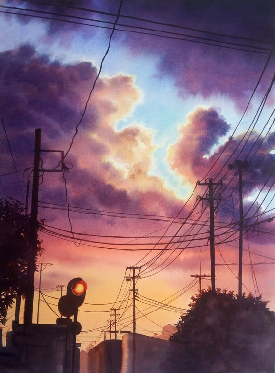 Power lines - sunset - clouds - urbanscape - cityscape