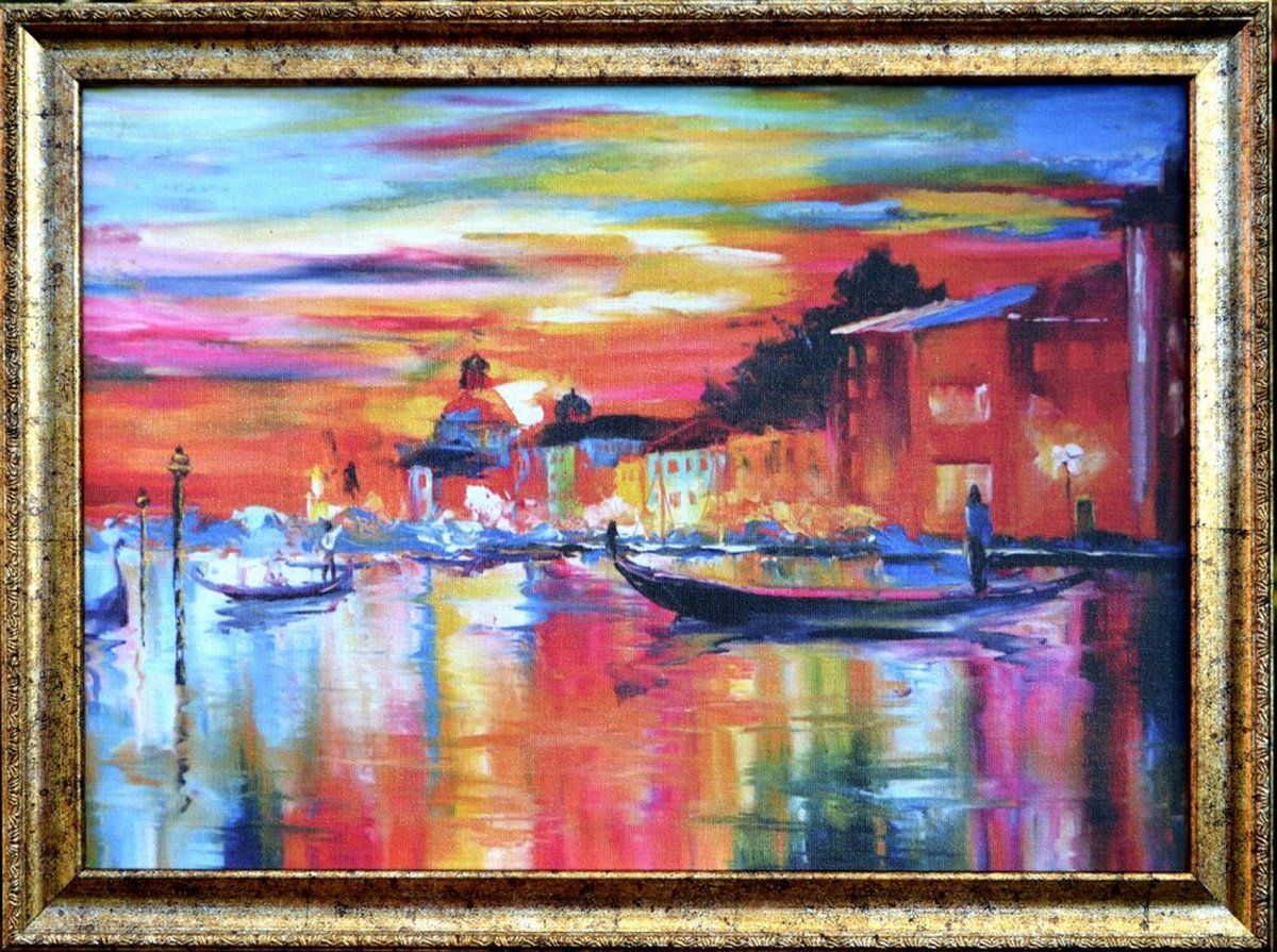 Expressive Landscape Painting By Elena Lukina, 16 X 12, Venice In Night Lights, Original Artwork