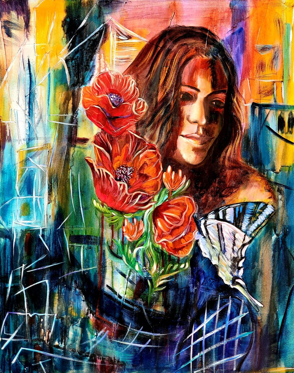 Impressionistic Portrait Oil Painting By Niyati Jiwani, 24 X 30", Timeless Poppies, Original Artwork