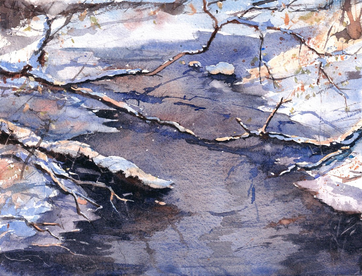 Impressionistic Landscape Watercolour By Yurii Prysiazhnyi, 13 X 10", The Stream In The Forest, Original Artwork
