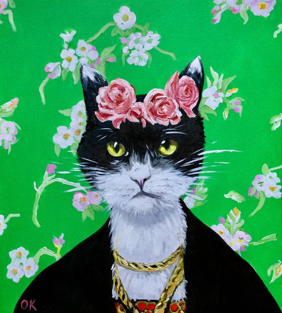 Black cute cat La Frida Kahlo inspired by her self-portrait  with pink roses FELINE ART FOR CAT LOVERS