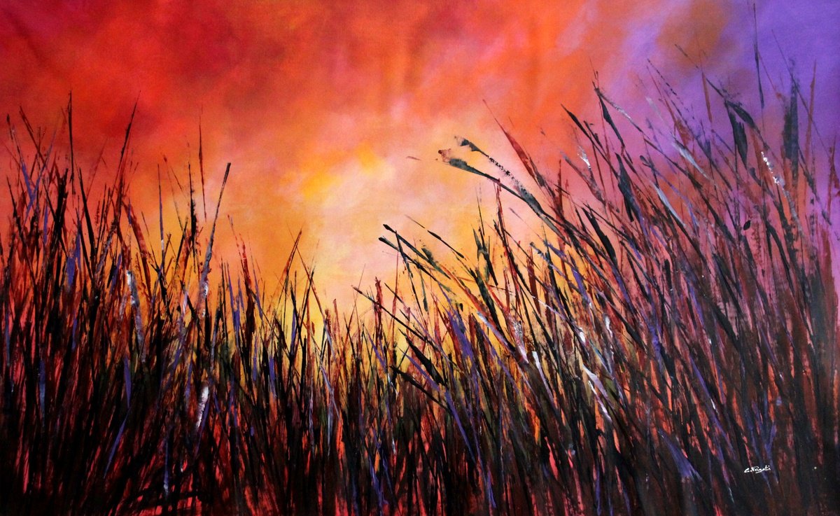 Expressive Landscape Acrylic Painting By Cecilia Frigati, 63 X 39, Burning Sky #2, Original Artwork