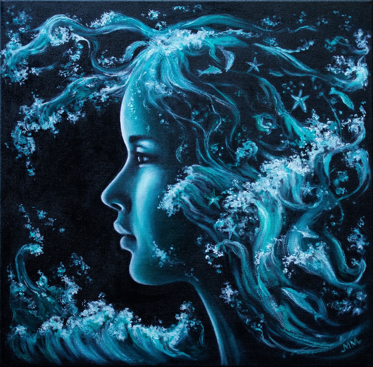 Expressive Portrait Oil Painting By Mila Moroko, 20 X 20", Conceptual Oil Painting If The Sea Was A Girl, Original Artwork