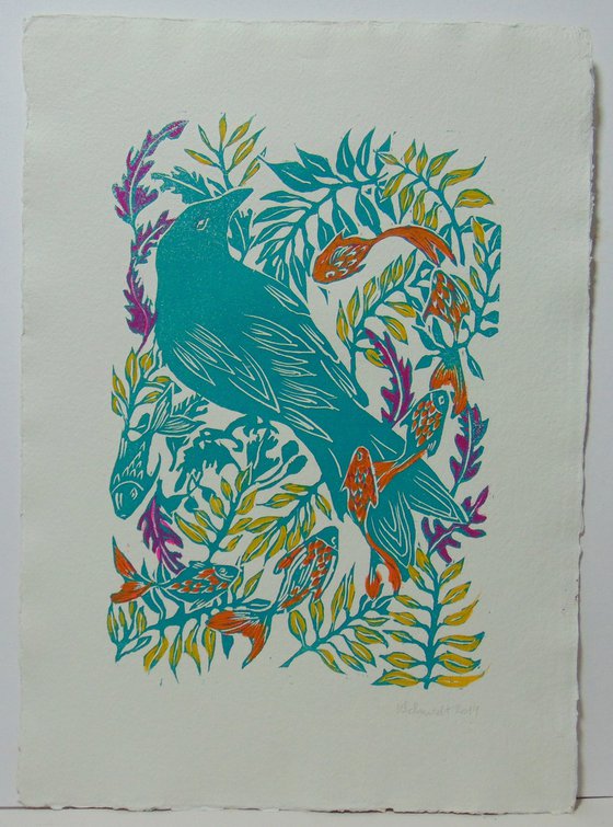 Fantasy bird, linocut, A3