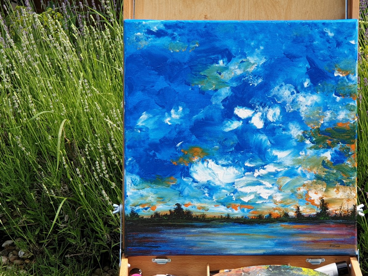 Abstract Landscape Acrylic Painting By Daniel Urbani?k, 16 X 16, Landscape With A Lake, Original Artwork