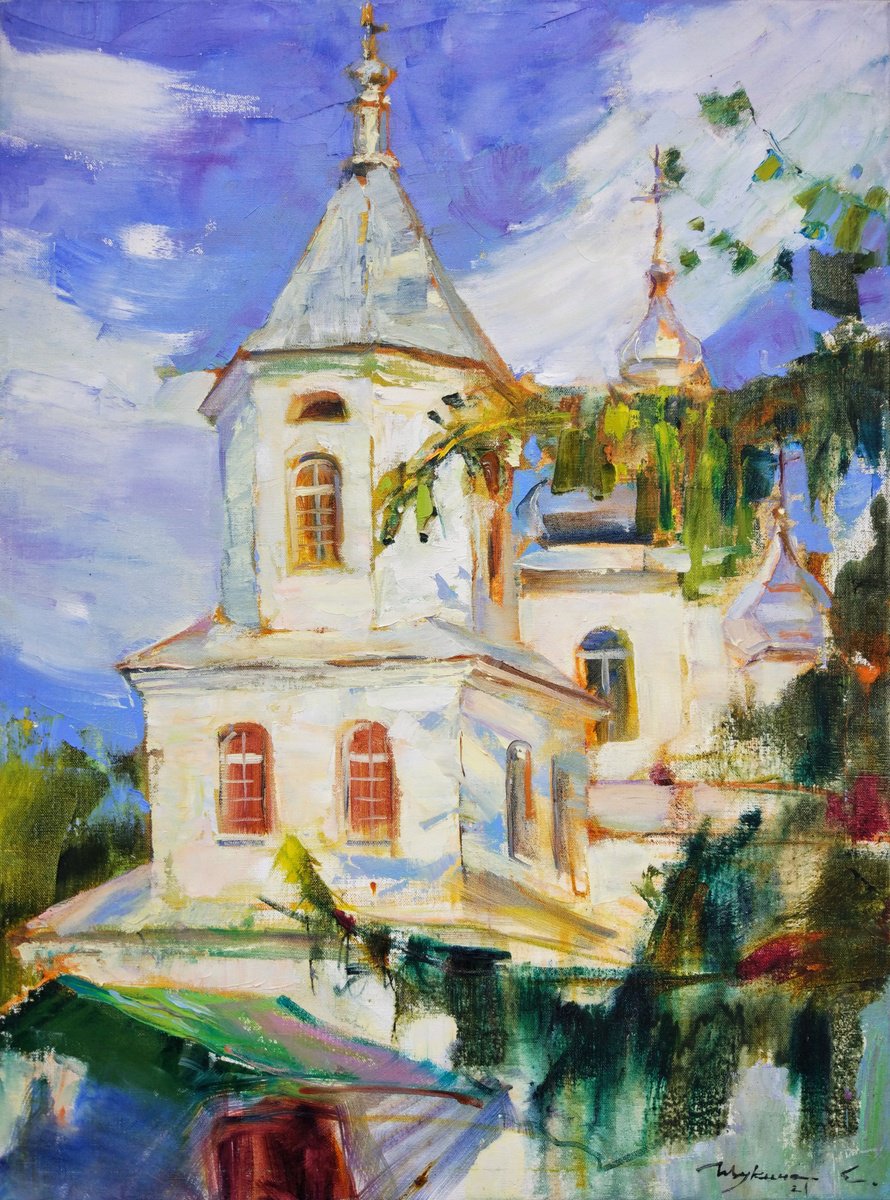 Ancient church in Ukrainian village Heaven Original plain air oil painting by Helen Shukina