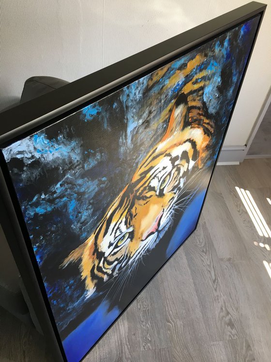 Tiger in blue water, large artwork